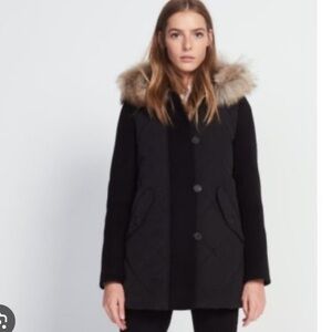 Sandro Paris wool parka fur trim hood